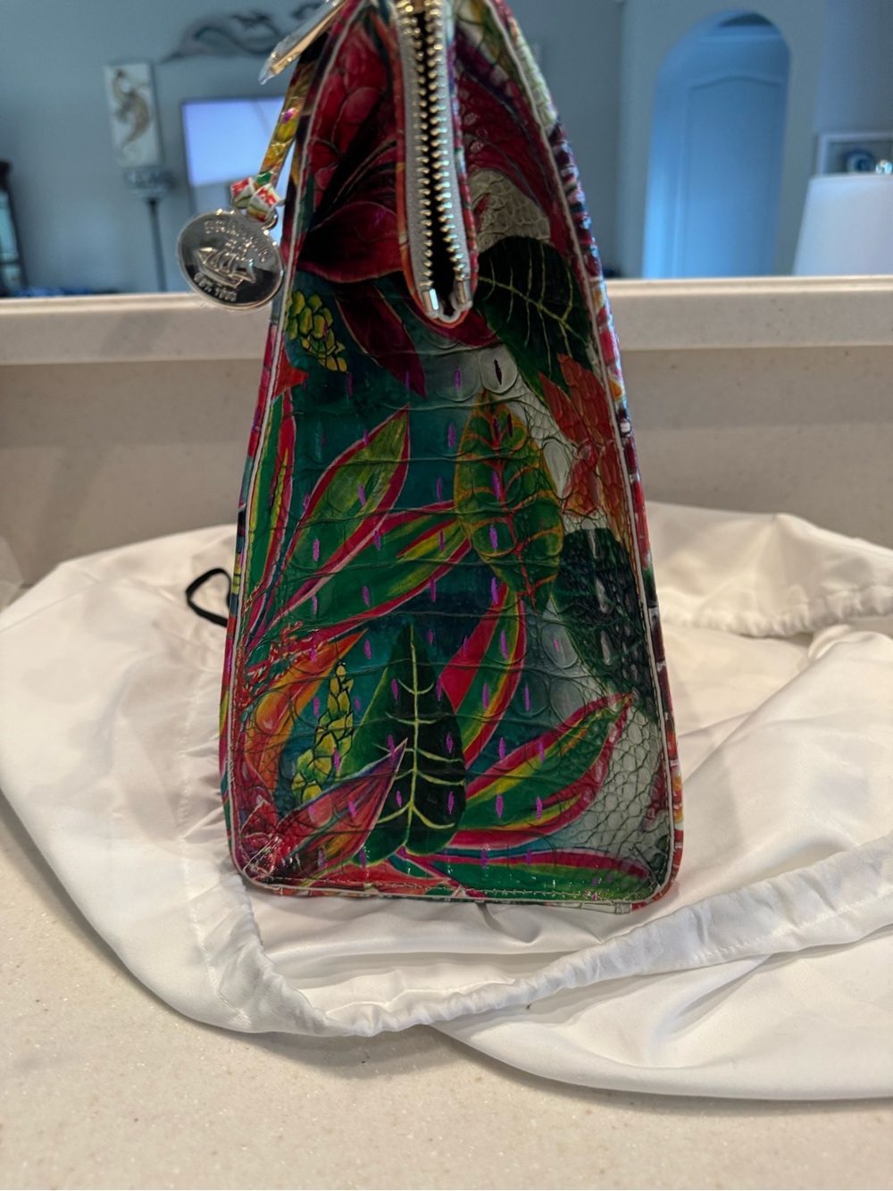 Brahmin Multicolor Floral Embossed Satchel - Pink, Green, Orange - Picture 5 of 6